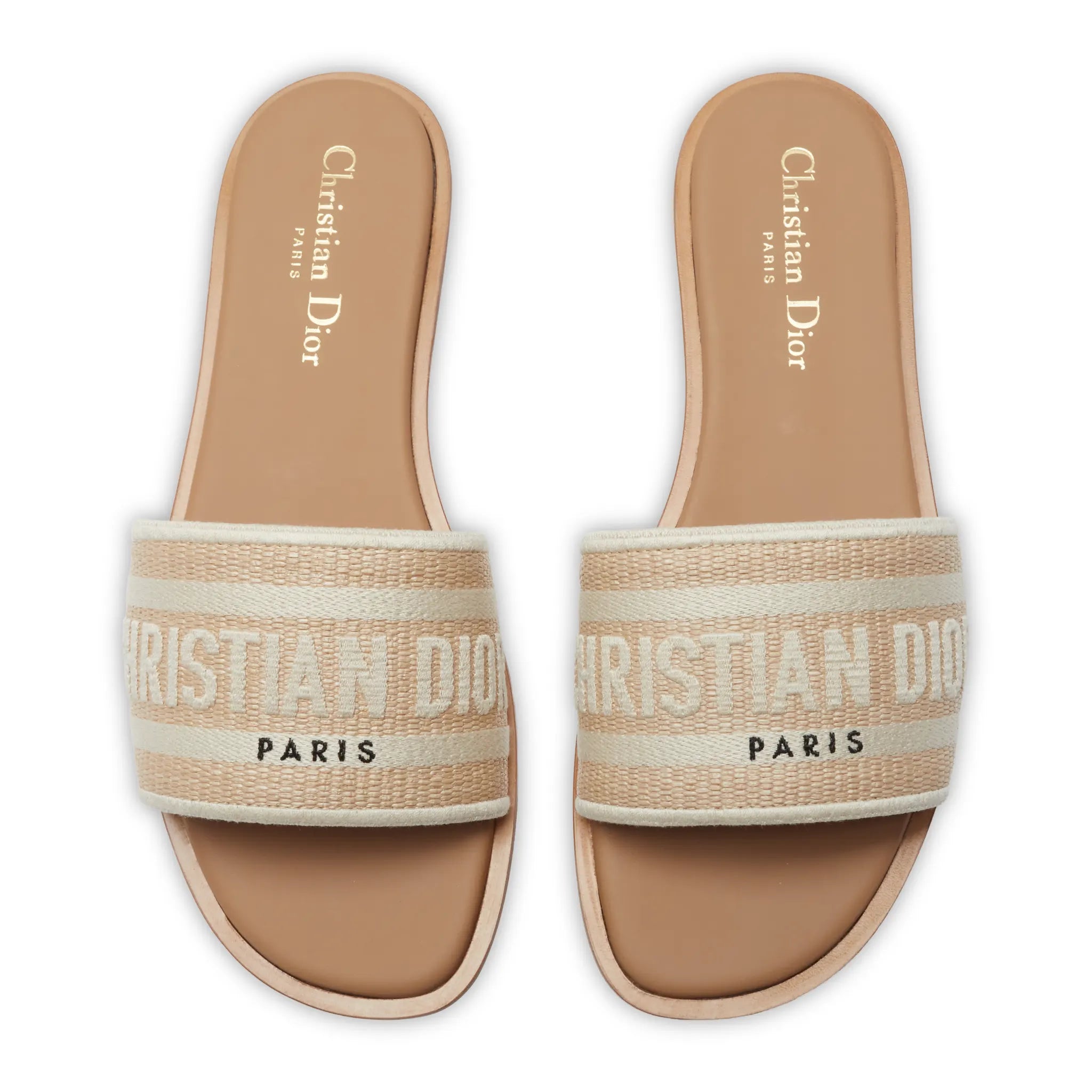 Upper View of Dior Dway Embroidered Cotton Beige Slides